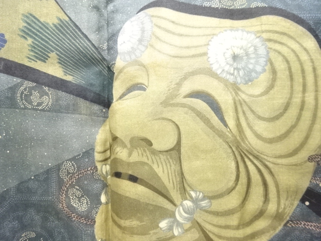 JAPANESE KIMONO / ANTIQUE MENS HAORI / SILK / TSUMUGI / NOH MASK (lining)